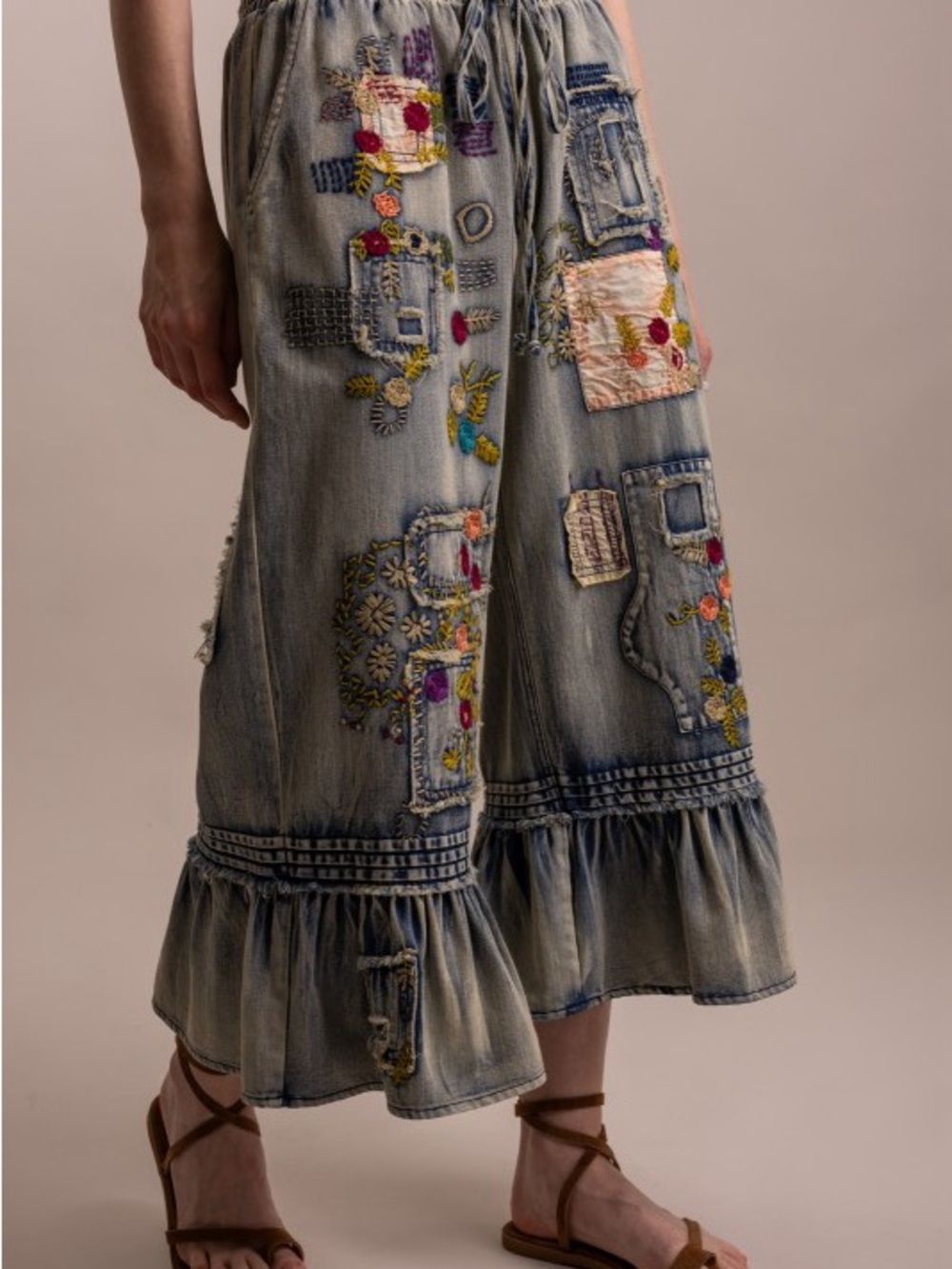 Bluevelvet washed denim embroidered patchwork ruffle bohemian floral pants - Picture 5 of 5